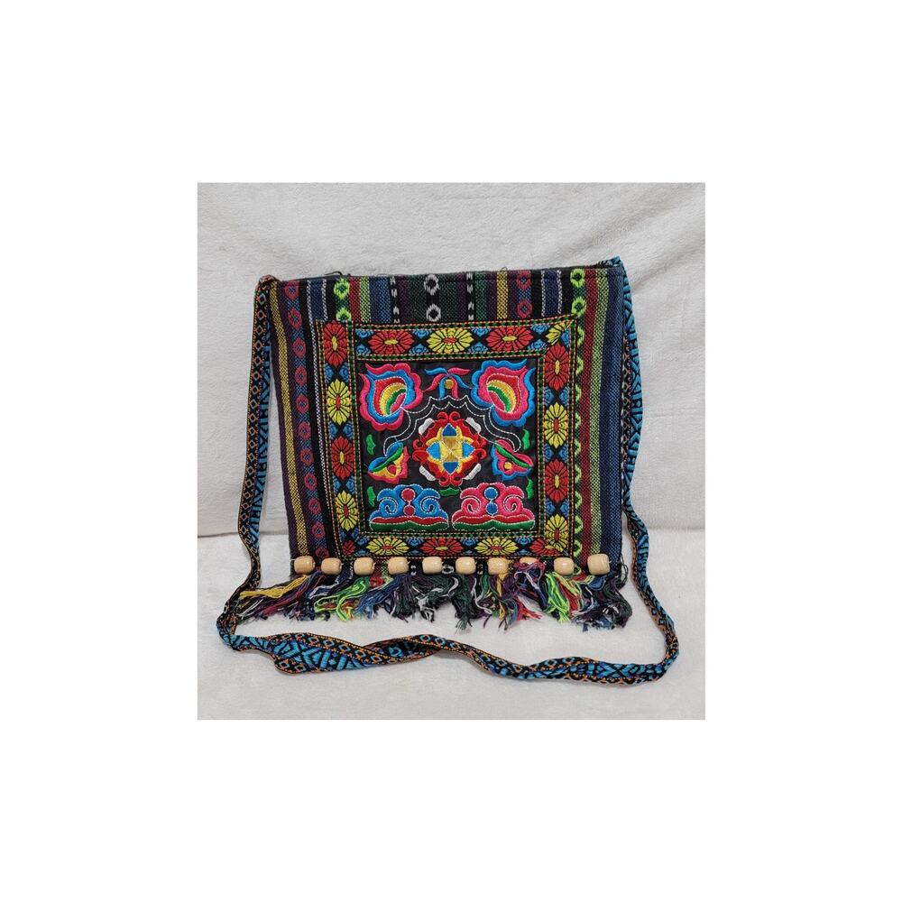 Boho Embroidered Floral Crossbody Bag Multi Color Fringe Wooden Beads Festival